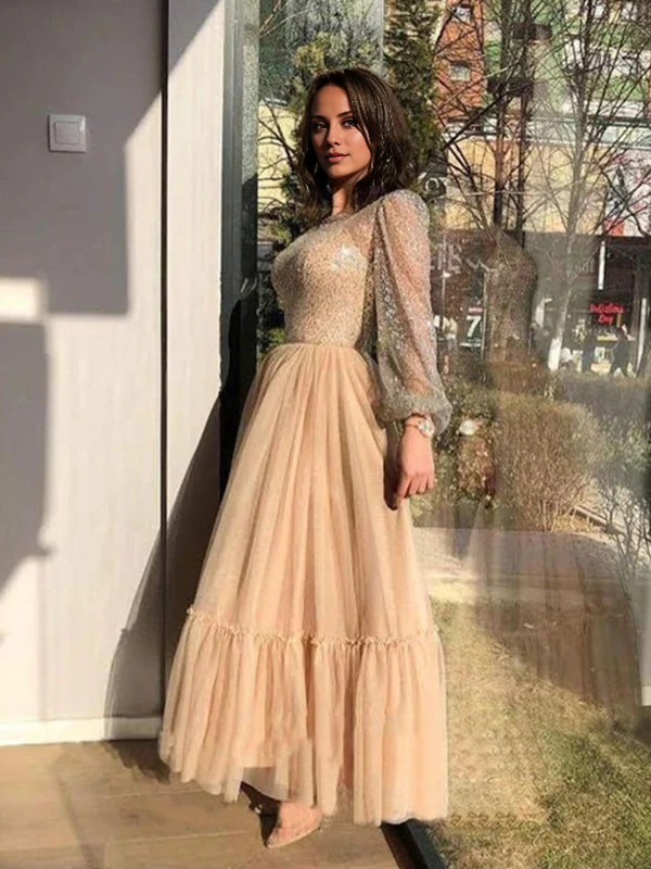 A-Line Evening Gown Elegant Dress Wedding Guest Prom Floor Length Long Sleeve Jewel Neck Tulle with Glitter Pearls Sequin 2025